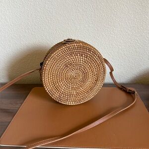 Round Woven Tan Crossbody Bag